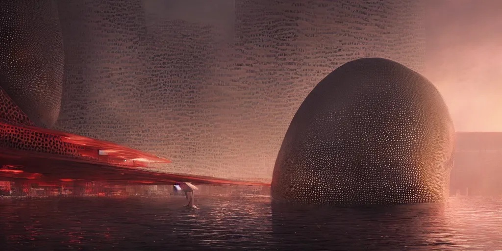 Image similar to An epic architectural rendering of a blob shaped trypophobia house with a mysterious red glow emitting from inside in a modern cityscape next to a river, by Zaha Hadid and Greg Rutkowski, tunning, gorgeous, golden ratio, photorealistic, featured on artstation, 4k resolution