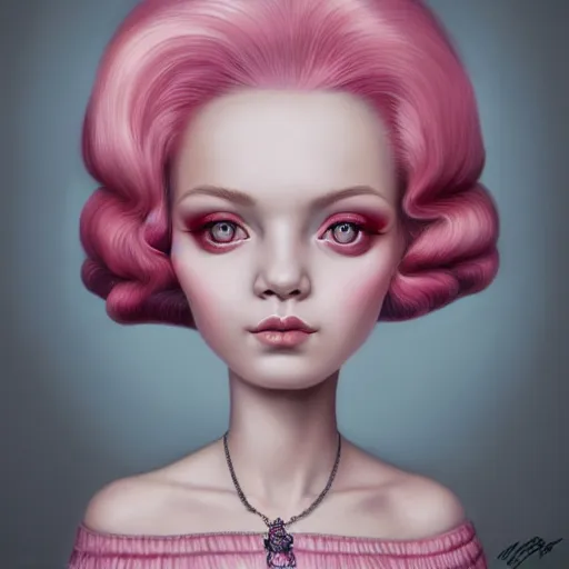 Prompt: a portrait of a beautiful woman with pink hair by mark ryden insanely quality, elegant, highly detailed, digital painting, artstation,, concept art, pop, smooth, sharp focus, illustration, art by mark ryden and 3 d 8 k ultra detailed