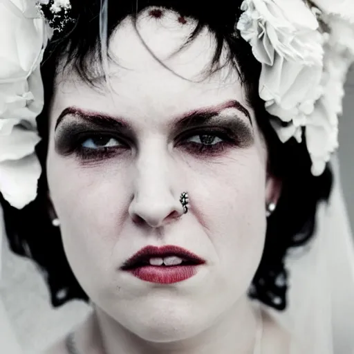 Image similar to a high detailed face, close up of a punk rocker chic, early thirties, in a white wedding dress