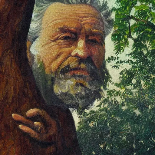 Image similar to A painting of an oak tree, with the face of an old bearded man, close up portrait of a human face in a tree