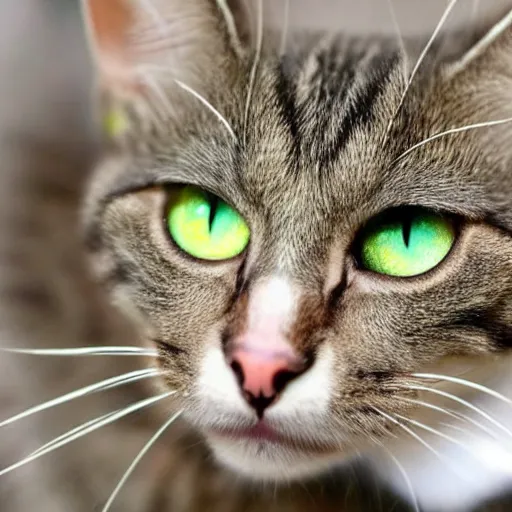 Image similar to cute greyish brown tabby cat mix with (((light green eyes))), white nose bridge, (((pink nose))), slightly weird, mixed with a margay