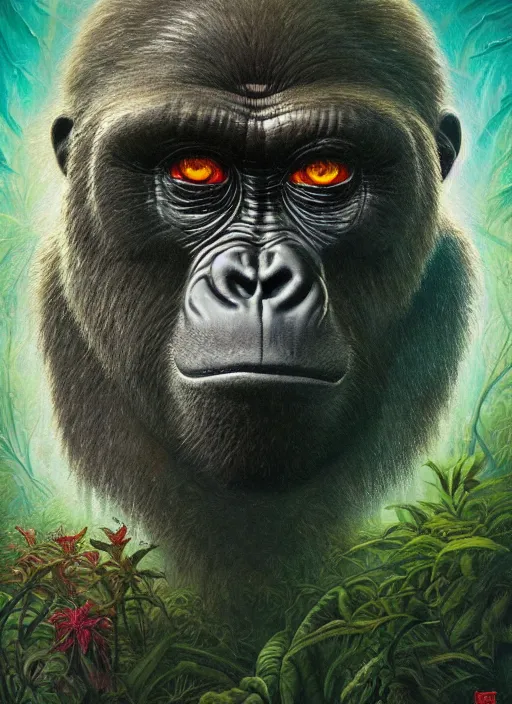 Image similar to deep jungle gorilla glowing reptile eyes, shamanic poster lsd art, intricate, elegant, highly detailed, centered, digital painting, artstation, concept art, smooth, sharp focus, illustration, artgerm, tomasz alen kopera, peter mohrbacher, donato giancola, joseph christian leyendecker, wlop, frank frazetta