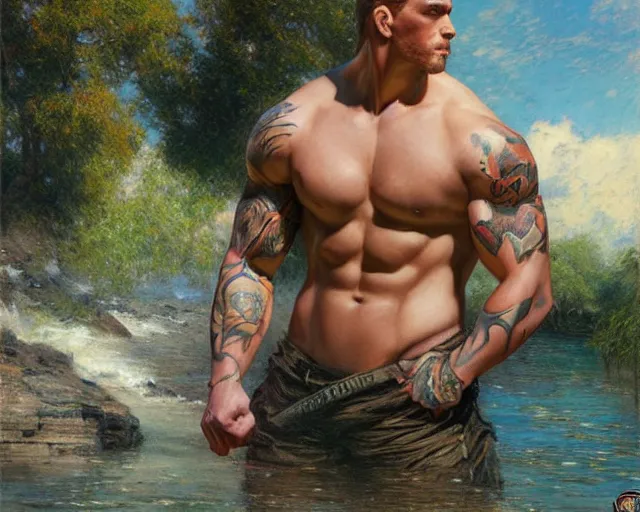 Image similar to handsome tattooed gym bro wades in the river, painting by artgerm, gaston bussiere, craig mullins, j. c. leyendecker, tom of finland