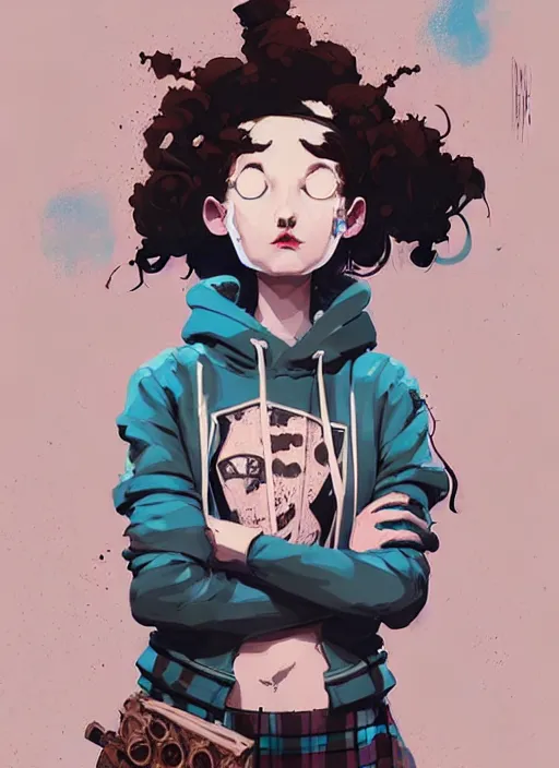 Image similar to highly detailed portrait of a sewer punk lady student, blue eyes, tartan hoody, curly hair by atey ghailan, by greg rutkowski, by greg tocchini, by james gilleard, by joe fenton, by kaethe butcher, gradient pink, brown, light blue and white color scheme, grunge aesthetic!!! ( ( graffiti tag wall background ) )