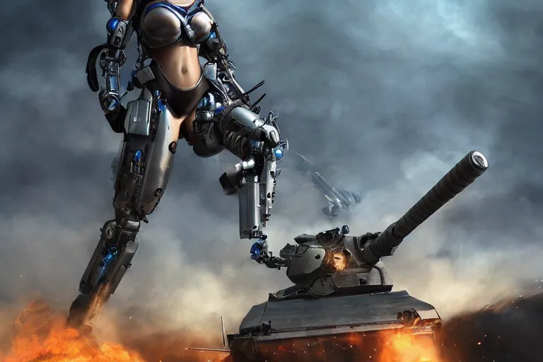 Prompt: an epic view of a futuristic cyborg woman lifting a military tank above her head, on a battlefield, smoke, fires, distant explosions, in the style of masamune shirow, cinematic, hyper - realistic, highly detailed