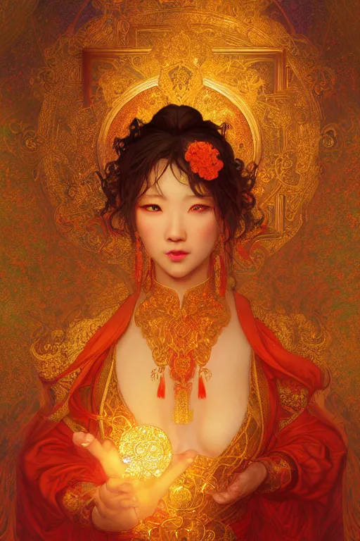 Image similar to tarot card artstation, portrait of an asian love dancer, sunrise, baroque ornamnet and rococo ornament, ancient chinese ornate, hyperdetailed, beautiful lighting, craig mullins, mucha, klimt, yoshitaka amano, red and gold and orange color palatte