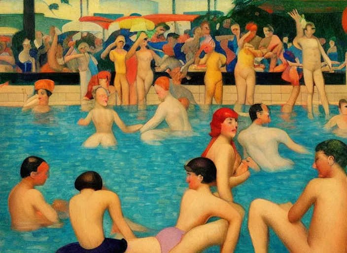 Prompt: a painting of a group of people playing in a pool at the edge of the world, an art deco painting by mark gertler, featured on flickr, american scene painting, 1 9 2 0 s, art deco, ilya kuvshinov