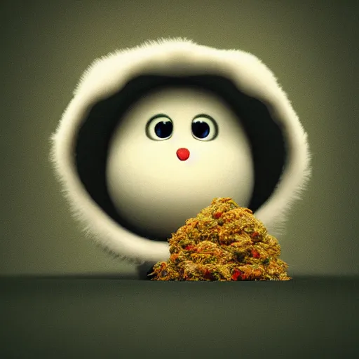 Image similar to portrait of a mochi snowball character with cannabis inside. octane 8 k cute 4 k render by eyvind earle