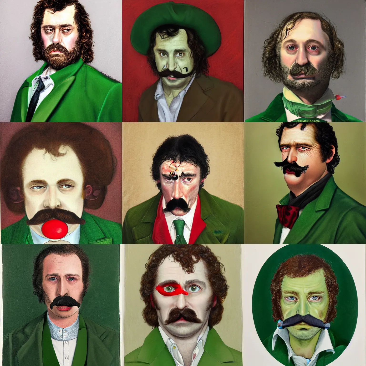 Prompt: portrait of a melancholy bedraggled detective with 70s mutton chops and moustache, wearing a 1970s green blazer with a tapered collar, looking out and grinning with bloodshot eyes and a swollen red nose, 44 years old mature caucasian male, just a total wreck of a human being, in the style of Jenny Saville, Alex Kanevsky, Wassily Kandinsky, expressive, atmospheric, textured brush strokes, soulful impressionism, intimate digital art