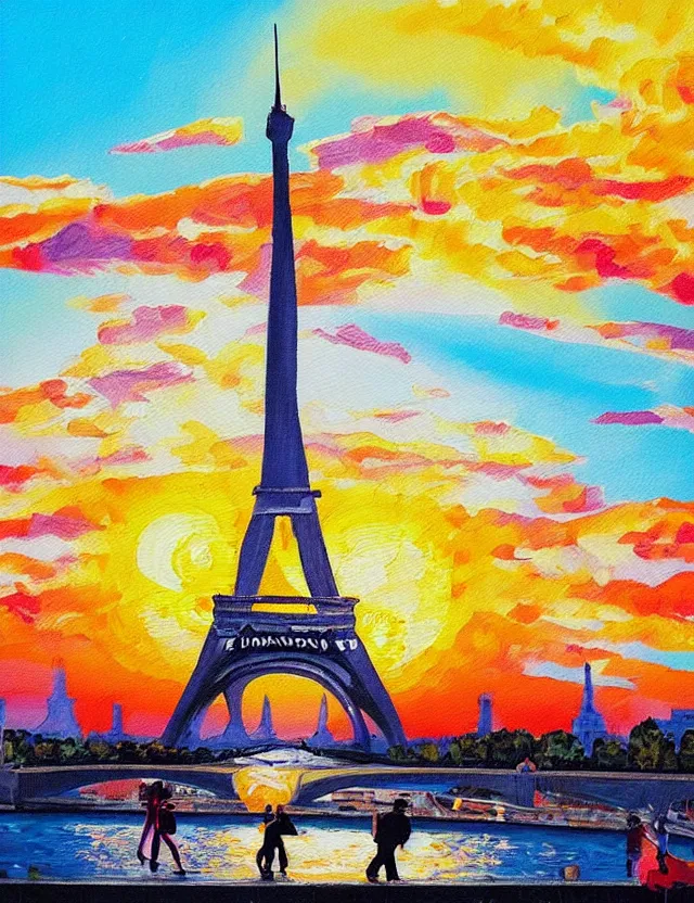 Image similar to a funny painting of the eiffel tower in paris made of ice cream in different colors on a very sunny bright summer sunset day in the style of james jean