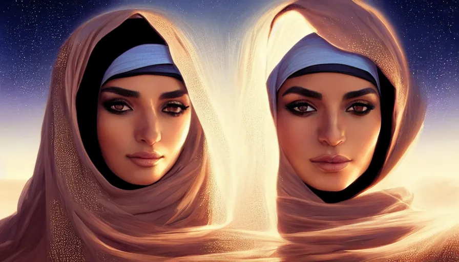 Image similar to Portrait of very very very very very very beautiful Arab woman wearing a Niqab, glowing magical eyes, energy trails, under giant full moon in the desert, intricate, elegant, highly detailed, digital painting, artstation, concept art, smooth, sharp focus, illustration, art by artgerm and greg rutkowski and alphonse mucha