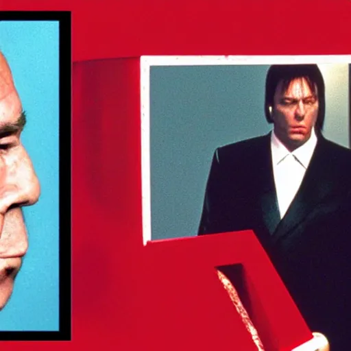 Image similar to Silvio Berlusconi in Pulp Fiction opening a red square featureless metallic box