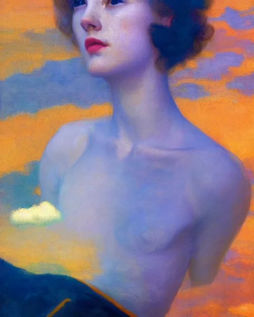 Prompt: a beautiful girl floating in colourful clouds, painted by edgar maxence, edward hopper, wayne barlowe, painted by james gilleard and james jean. 8 k realistic, hyperdetailed, beautiful lighting, detailed background, depth of field,