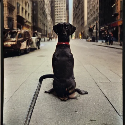 Image similar to wide-shot very low-angle eyesight photo of a dog at the street in New York, polaroid photo, by Andy Warhol, signed