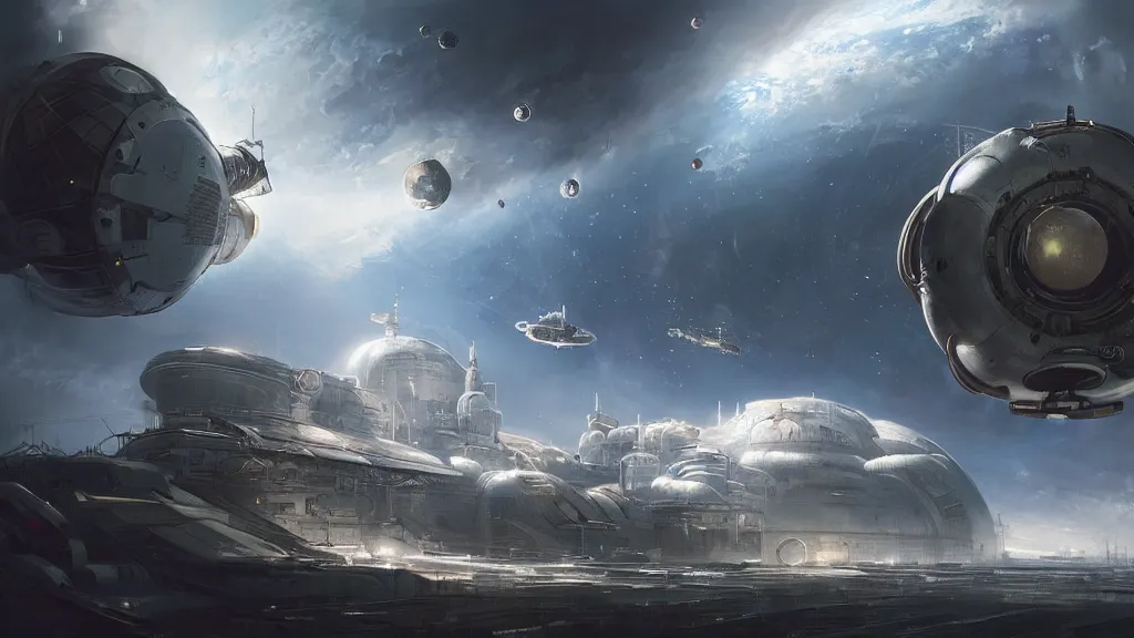 Image similar to orbital space station. andreas achenbach, artgerm, mikko lagerstedt, zack snyder