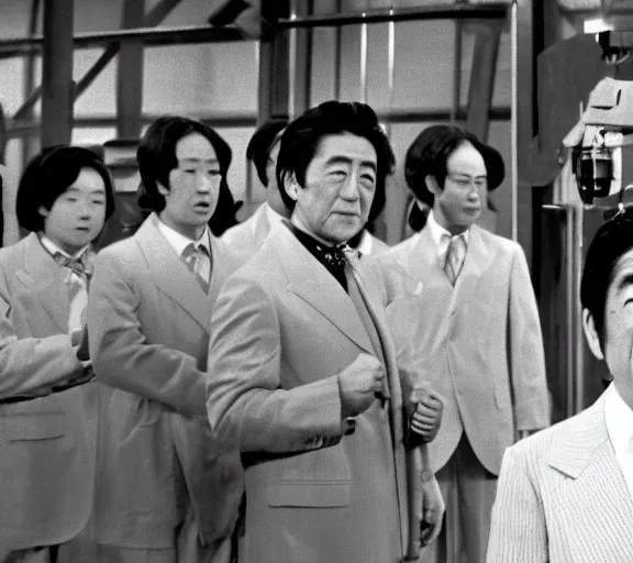 Prompt: a film still of shinzo abe in willy wonka's chocolate factory 1 9 7 3