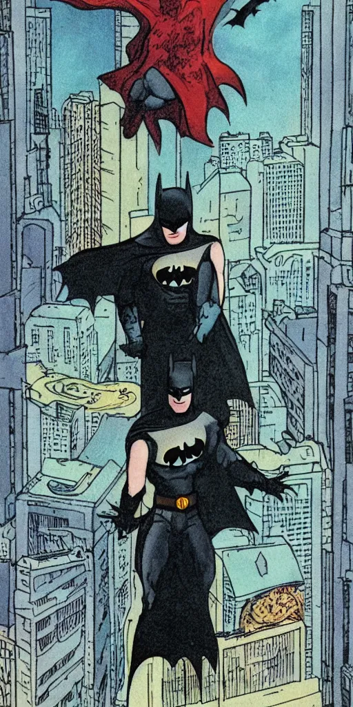 Prompt: batman standing on top of a high rise building at night, tarot card, major arcana