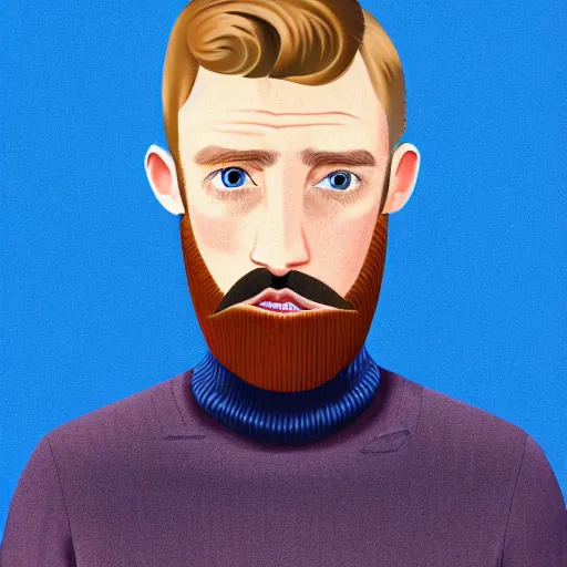 Image similar to A gangly british man, with short blond hair and short beard wearing a corduroy jacket and turtleneck , blue eyes, pale skin, English heritage, digital art, cartoon, mid-shot, 8k