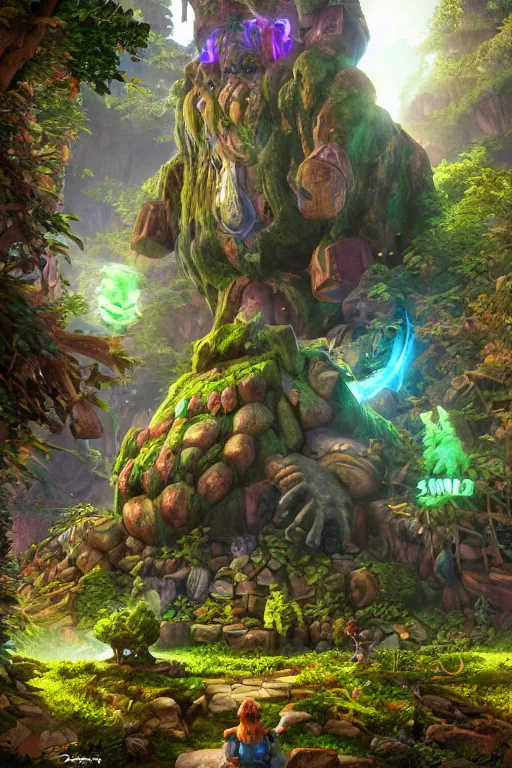 Image similar to zelda fantasy art giant golem elemental wood rock greeble gemstone enchanted forest troll, global illumination ray tracing hdr fanart arstation by sung choi and eric pfeiffer and gabriel garza and casper konefal bastion forged hardmesh lisa frank zbrush central radiating a glowing aura global illumination ray tracing hdr