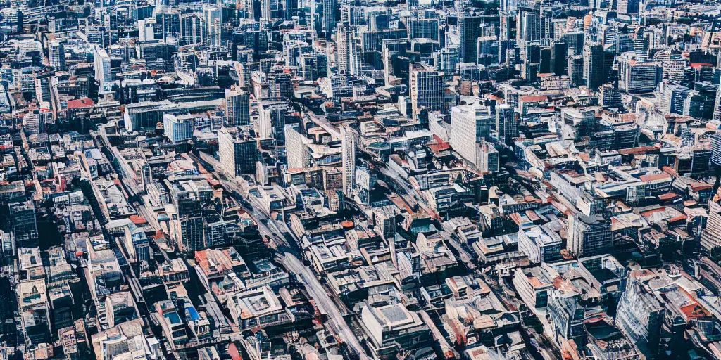 Prompt: drone view of a city with a large road through Brutalist architecture,sharp focus telephoto lens digital art 4k