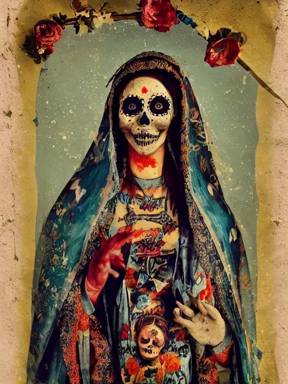 Image similar to tintype virgin mary in dia de muertos dress and make up, horrific beautiful vibe, evocative, atmospheric lighting, painted, intricate, highly detailed,