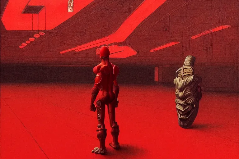 Image similar to only with red, a red cyborg samurai, tokio futuristic in background, some evil yokai, in the style of beksinski, parts by edward hopper, parts by rodcenko, parts by yue minjun, intricate and epic composition, red by caravaggio, insanely quality, highly detailed, masterpiece, red light, artstation, 4 k