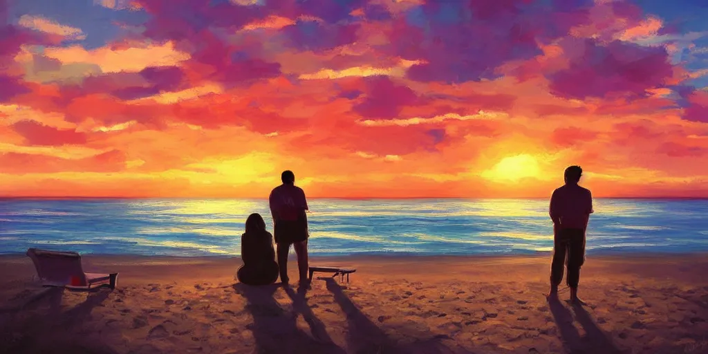 Prompt: a man watching the sunset with his wife by the beach, vibrant colors and hard shadows and strong rim light, plain background, comic cover art, trending on artstation