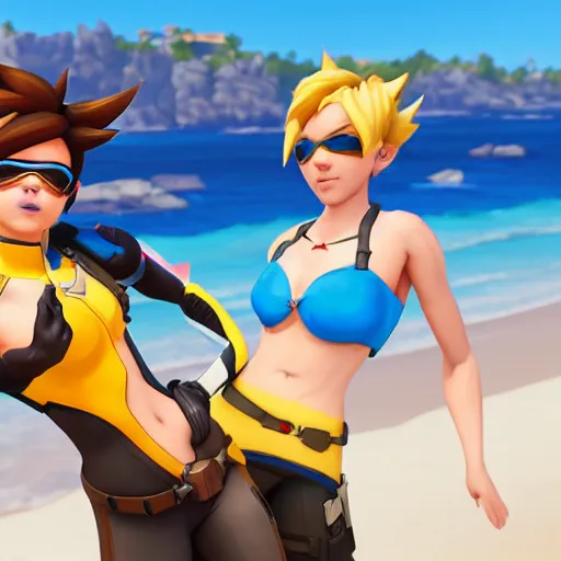 Prompt: tracer and mercy from overwatch relaxing at the beach getting a sun tan, unreal engine 5 4 k