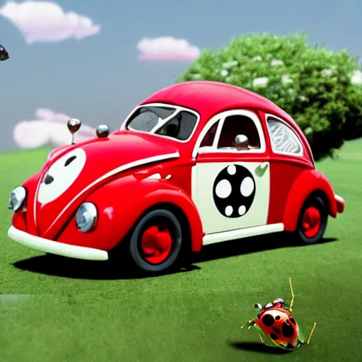 Prompt: a hybrid lady bug and'herbie the love bug'car. location of the old fashioned drive - in diner. imax, 7 0 mm, movie still