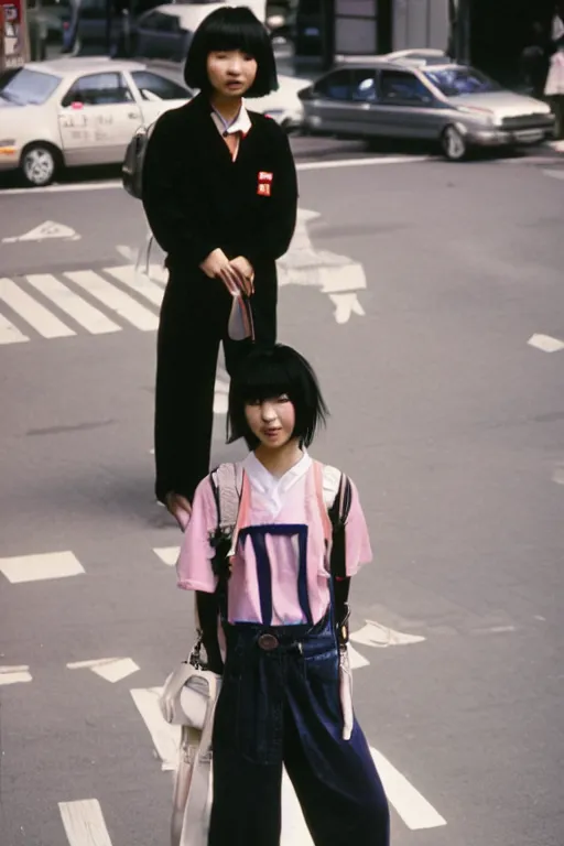 Prompt: a street fashion photograph of a young japanese woman in 9 0 s fashion, standing upright full - body shot, in tokyo akihabara, shot on cinestill 5 0 d with a canon 3 5 mm at f / 5. 6 lens, print magazine, photorealistic, nineties nostalgia, 4 k