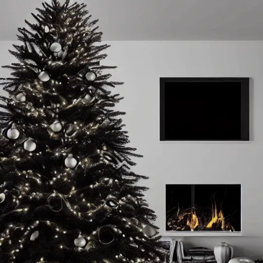 Prompt: slender man creeping at night, dark image, horror, Christmas tree with lights, fireplace in background, inside living room. Dark spect, 4k realistic