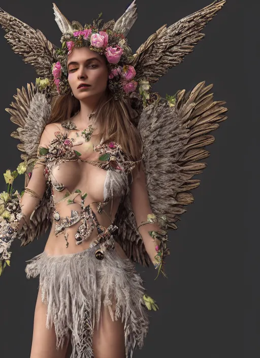 Image similar to full body environmental portrait photo of a female model as angel, ornate headpiece made from flowers, ornaments, glamour shot by gemmy woud - binnendijk, chris knight, photorealistic, canon r 3, fashion photography, ornate, symmetrical features, octane render, unreal engine, solid dark background, clamp shell lighting, rim lighting