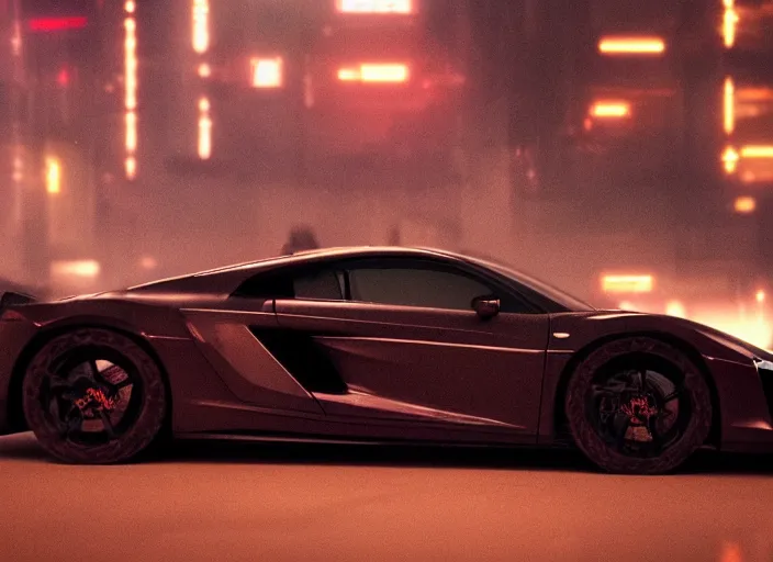 Image similar to Bladerunner 2049 scene front view sports car in small garage dark atmospheric volumetric lighting grungy moody dark cinematic Roger Deakins Cinematography futuristic cyberpunk car GTR NSX Audi R8 S14 Evo X Z06 ikuo maeda Newton Thomas Sigel bladerunner 2049 screen cap still