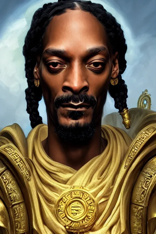 Image similar to snoop dogg as a greek god, closeup, d & d, fantasy, intricate, elegant, highly detailed, digital painting, artstation, concept art, matte, sharp focus, illustration, hearthstone, art by artgerm and greg rutkowski and alphonse mucha