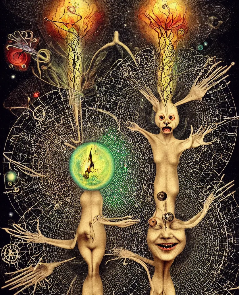 Prompt: whimsical freaky creature sings a unique canto about'as above so below'being ignited by the spirit of haeckel and robert fludd, breakthrough is iminent, glory be to the magic within, cosmic collage by ronny khalil