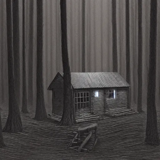 Image similar to a Illustration of a Eerie cabin in the middle of the woods in the style of Beksinski