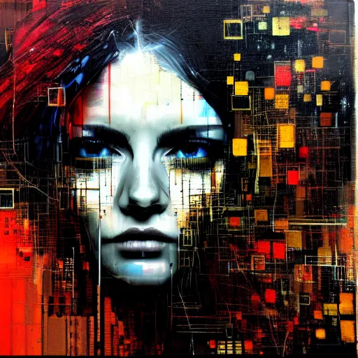 Prompt: hyperrealistic portrait of a determined women with long hair, cybernetics, digital ui, abstract blocks, by Guy Denning, Russ Mills, glitch art, hacking effects, glitch effects, digital tech effects, chromatic, color blocking!, oil on canvas, concept art, abstract