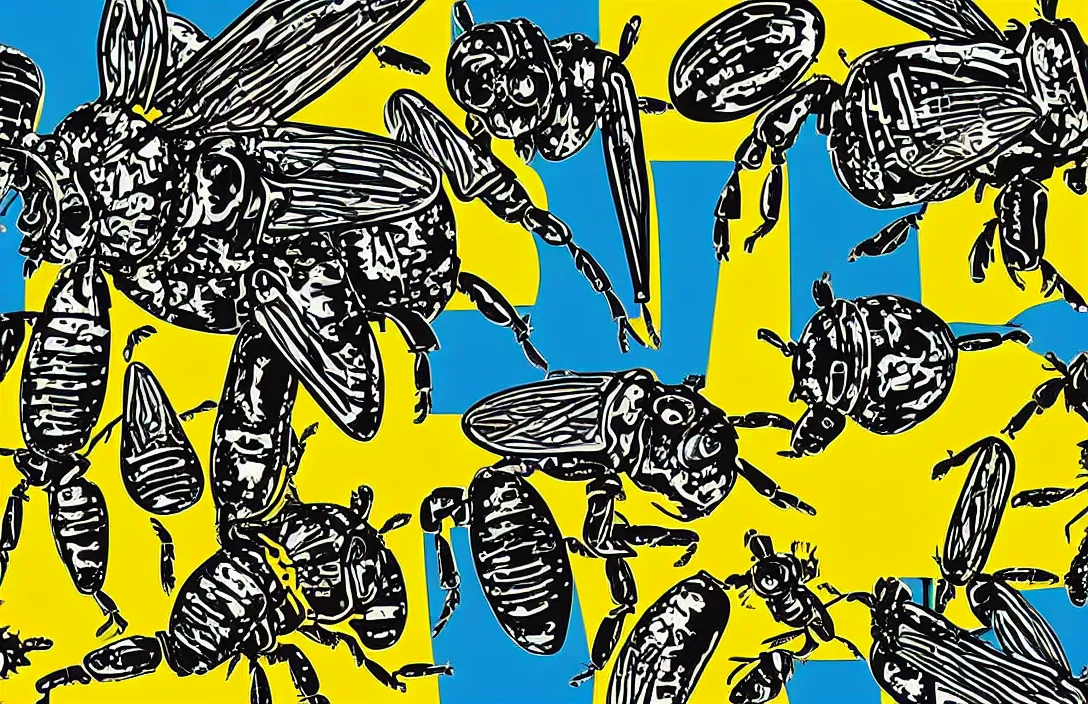 Image similar to pop art collage of mechanical bees, style of Andy Warhol