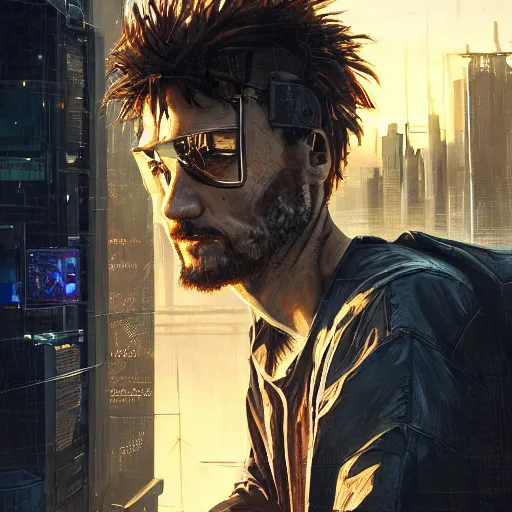 Image similar to cyberpunk, closeup portrait of a shaggy cyberpunk hacker, eye bags, dramatic light, city background, sunset, dystopian setting, high contrast, sharp, neuromancer, henry dorsett case, painted by stanley lau, painted by greg rutkowski, painted by stanley artgerm, digital art, trending on artstation