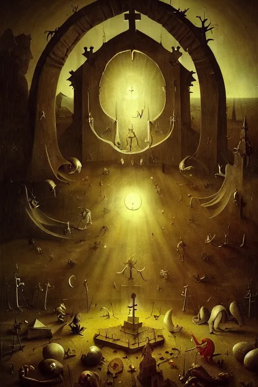 Image similar to hieronymus bosch, greg rutkowski, anna podedworna, painting of a scorpio, god rays, wide shot of a graveyard lit by spooky lights