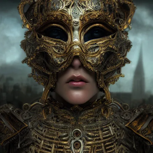 Prompt: Very very very very highly detailed epic photo of angelic face with venetian mask, intricate, dystopian, sci-fi, extremely detailed, digital painting, artstation, concept art, smooth, sharp focus, illustration, intimidating lighting, incredible art by Anton Pieck, Octane render in Maya and Houdini VFX