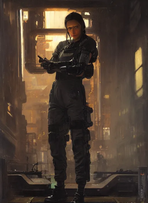 Image similar to Nikki tanaka. beautiful cyberpunk female USN marine wearing a military vest and military jumpsuit (cyberpunk 2077, bladerunner 2049). gorgeous face. Iranian orientalist portrait by john william waterhouse and Edwin Longsden Long and Theodore Ralli and Nasreddine Dinet, oil on canvas. Cinematic, hyper realism, realistic proportions, dramatic lighting, high detail 4k