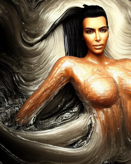 Prompt: cinematic full - body - shot still of kim kardashian unconscious in a transparent alien liquid, wet flowing hair, gooey skin, illustration, unreal engine 5, 8 k, made by h. r. giger.