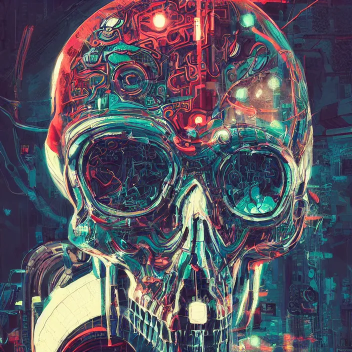 Prompt: a beautiful painting of a cyberpunk skull by james jean and pascal blanche and reza afshar. in style of colorful comic noir illustration, symmetry, sci fi, hyper detailed. octane render. trending on artstation