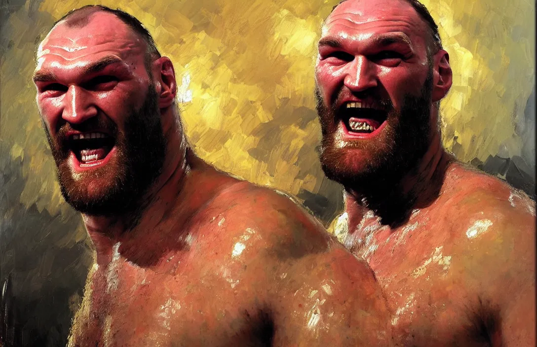 Image similar to portrait of tyson fury!!!!!!!!!!!!!!!!!!!!!!!!!!!, detailed face, detailed painting,, epic lighting, by ilya repin, phil hale and kent williams