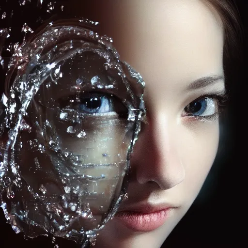 Image similar to beautiful girl's face seen through a transparent crystal, masterpiece portrait, dramatic lighting, 8k