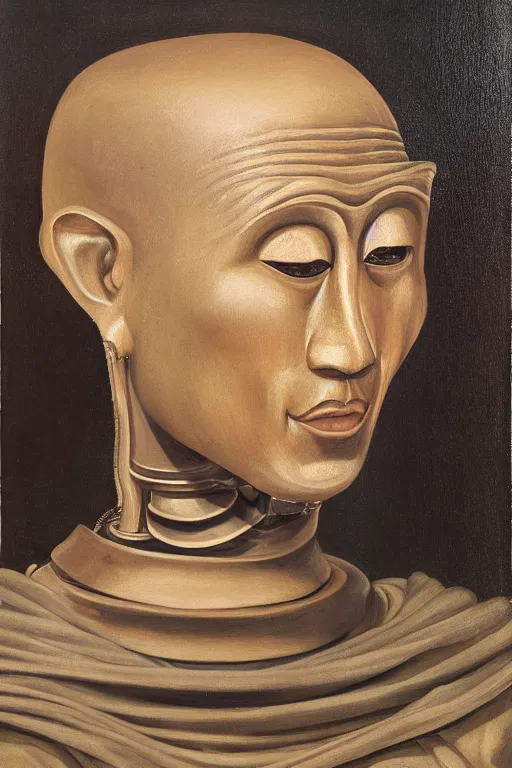 Image similar to realistic baroque oil portrait of a robot as a buddhist monk