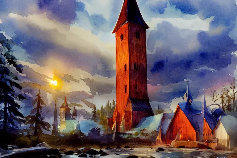 Image similar to small centered on watercolor paper, paint brush strokes, abstract watercolor painting of traditional scandinavian wooden church with tower, viking dragon decor, translucent leaves, cinematic light, national romanticism by hans dahl, by jesper ejsing, by anders zorn, by greg rutkowski, by greg manchess, by tyler edlin