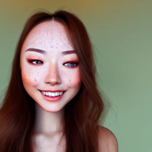 Prompt: beautiful hyperrealism selfie of a cute 3 d young woman smiling softly, long light bronze brown hair, cute freckles, flushed face, red blush, small heart - shaped face, soft features, emerald green eyes, chinese heritage, golden hour, 8 k, sharp focus, instagram