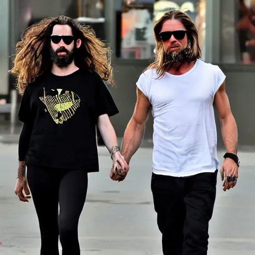 Prompt: 3 9 - year - old french bearded long - haired yoga punk singer wearing wraparound sunglasses. he also works as a commercial model and actor. looks like brad pitt. walking alongside beautiful girlfriend